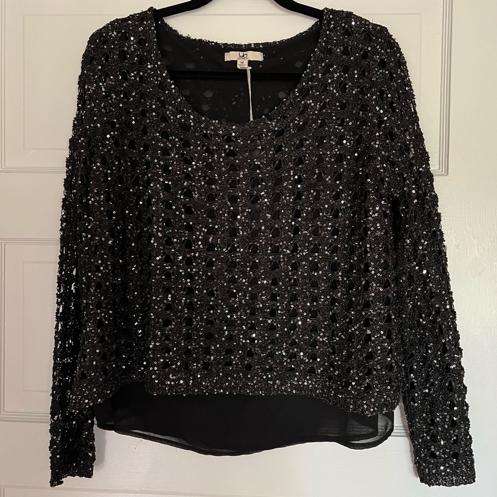 NWT Black Sequin Knit & Chiffon Lightweight Sweater Top - Holiday Style - Picture 2 of 11